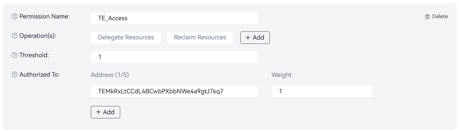 Tron Energy Market用の業者専用Active Permission設定例。Delegate ResourcesとReclaim Resourcesのみを選択している
