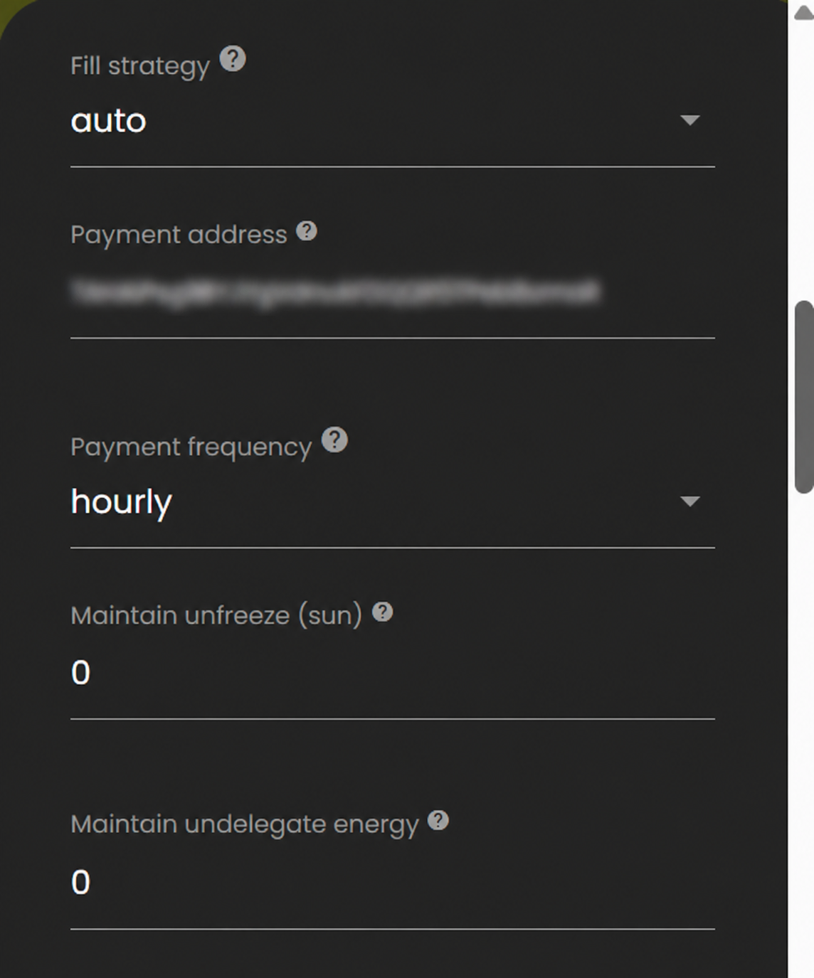 Tron Energy Marketの受取アドレスと受取頻度の設定画面。アドレスはぼかし済み