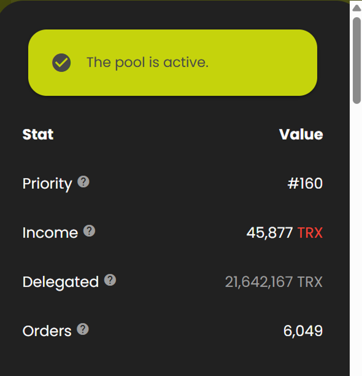Tron Energy MarketのPoolが有効であることを示す画面