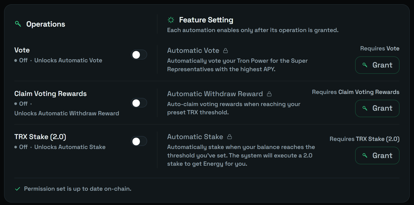Tron SaveのVote、Claim Voting Rewards、TRX Stakeの追加Operation(s)設定画面
