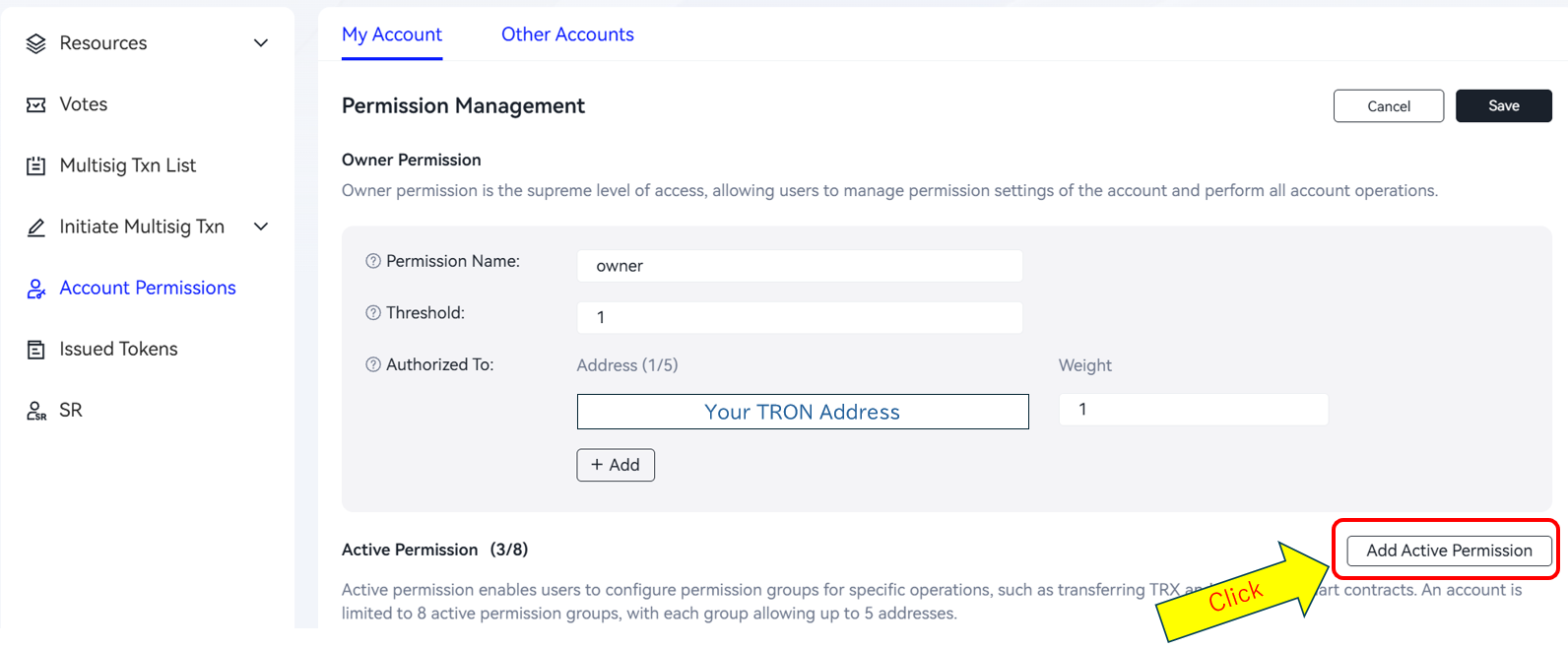TronLinkのPermission編集画面でAdd Active Permissionボタンを押す場所