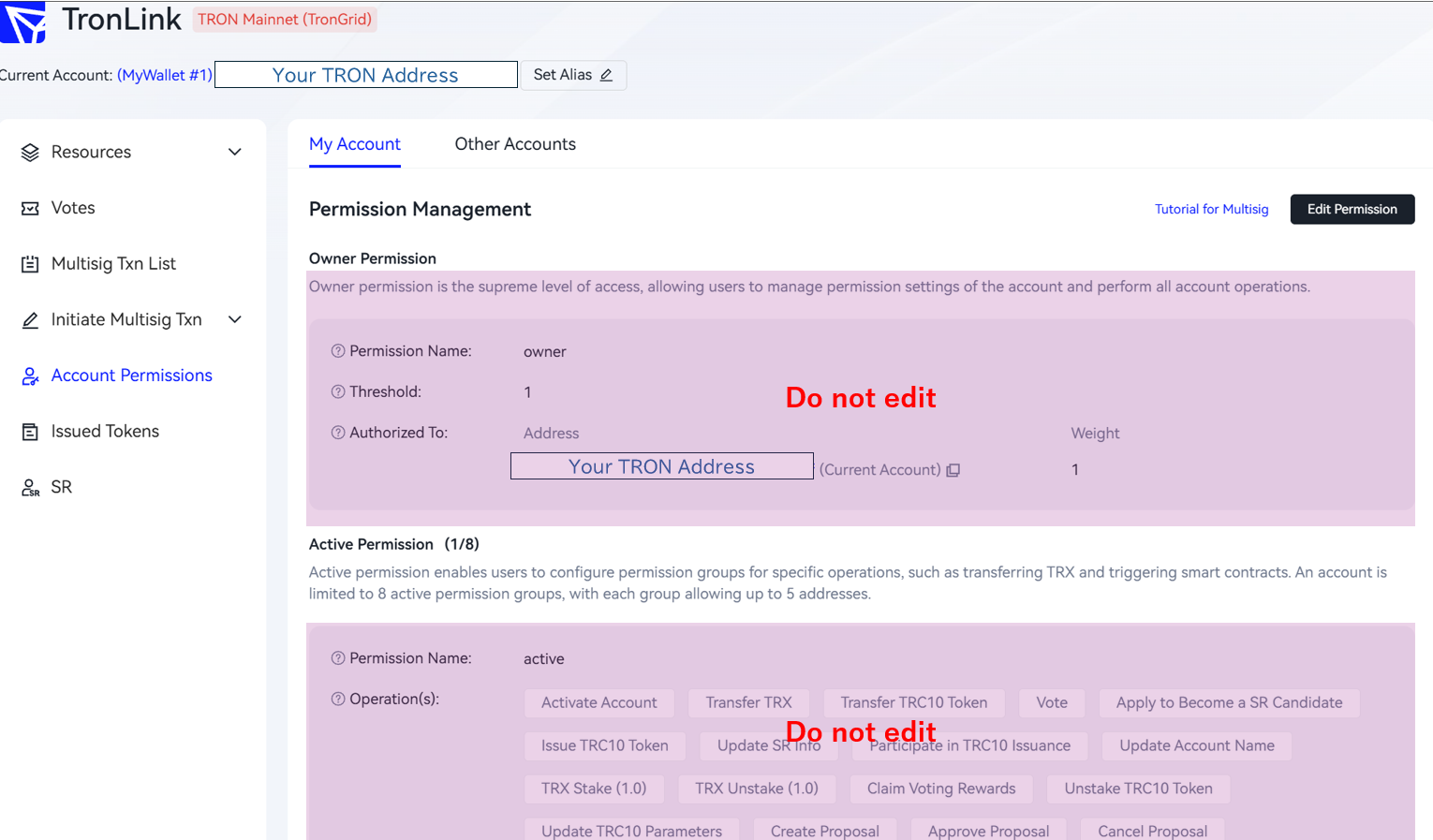 TronLinkのPermission Management画面。既存のOwner PermissionとActive Permissionは変更せず、業者用Permissionのみを追加することを示している
